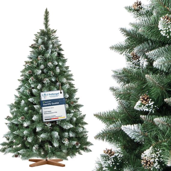 FAIRYTREES Weihnachtsbaum künstlich Kiefer, Natur-Weiss beschneit, Material PVC, echte Tannenzapfen, inkl. Holzständer, 180cm