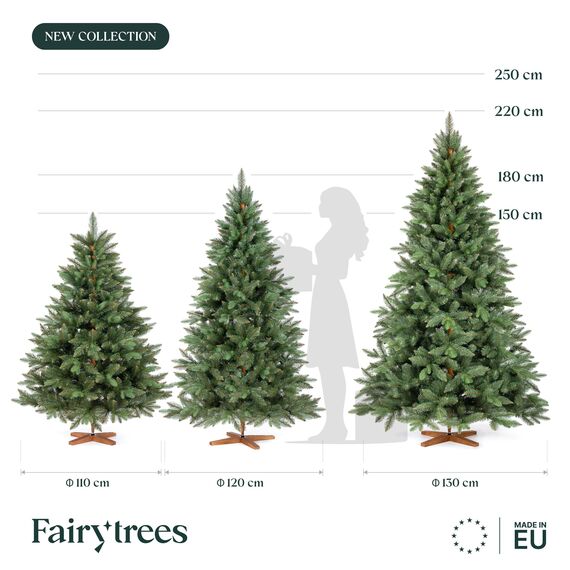 FAIRYTREES Weihnachtsbaum künstlich, Nordmanntanne Premium 120 cm, Naturgetreue Spritzguss Elemente, Künstlicher Weihnachtsbaum mit handgefertigtem Ständer aus Eschenholz