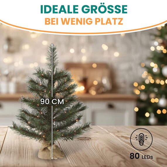 Gartenpirat Künstlicher Weihnachtsbaum 90 cm mit Drahtlichterkette 80 LED warmweiß Christbaum kiefernähnlich mit Frosteffekt beleuchtet batteriebetrieben