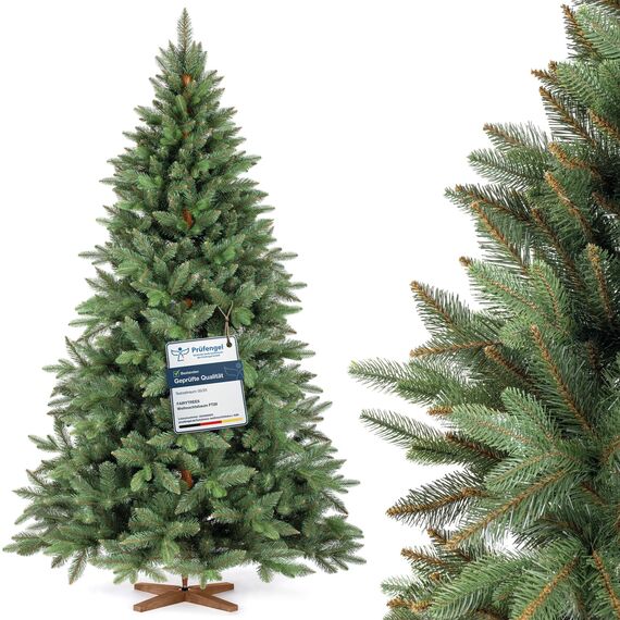 FAIRYTREES Weihnachtsbaum künstlich, Nordmanntanne Premium 220 cm, Naturgetreue Spritzguss Elemente, Künstlicher Weihnachtsbaum mit handgefertigtem Ständer aus Eschenholz