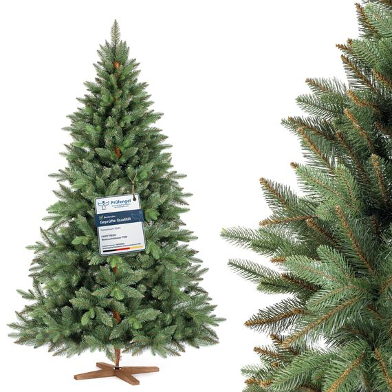 FAIRYTREES Weihnachtsbaum künstlich, Nordmanntanne Premium 180 cm, Naturgetreue Spritzguss Elemente, Künstlicher Weihnachtsbaum mit handgefertigtem Ständer aus Eschenholz