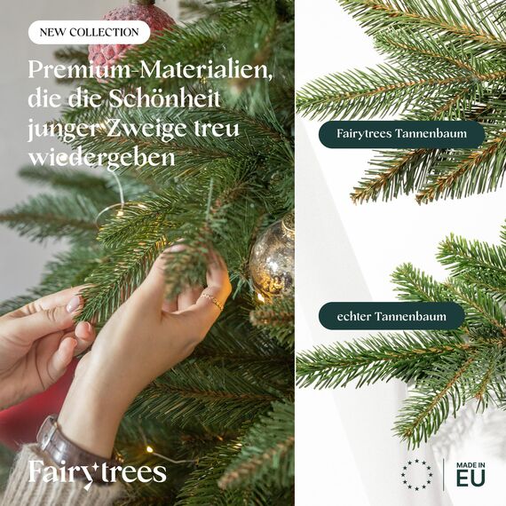 FAIRYTREES Weihnachtsbaum künstlich, Nordmanntanne Premium 120 cm, Naturgetreue Spritzguss Elemente, Künstlicher Weihnachtsbaum mit handgefertigtem Ständer aus Eschenholz