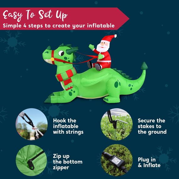 Joiedomi 6 FT Christmas Inflatable Dinosaur with Build-in LEDs, Blow Up Dinosaur with Santa for Christmas Inflatable Outdoor Decoration Xmas Party Decoration (Reiten auf dem grünen Drachen)