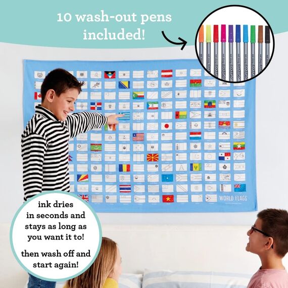 eatsleepdoodle Weltflaggen-Tischdecke zum Ausmalen, spielerisches Lernen, waschbar und wiederverwendbar, inkl. 10 auswaschbare Stifte, 130x85cm, 100% Baumwolle