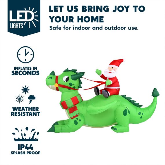 Joiedomi 6 FT Christmas Inflatable Dinosaur with Build-in LEDs, Blow Up Dinosaur with Santa for Christmas Inflatable Outdoor Decoration Xmas Party Decoration (Reiten auf dem grünen Drachen)