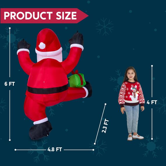 Joiedomi 6 Fuß hoher aufblasbarer Kletter-Weihnachtsmann mit Geschenkbox, aufblasbarer hängender Weihnachtsmann mit integrierter LED für Weihnachtsfeier, Outdoor, Hof, Garten, Rasendekoration
