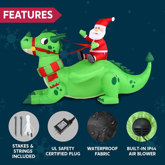 Joiedomi 6 FT Christmas Inflatable Dinosaur with Build-in LEDs, Blow Up Dinosaur with Santa for Christmas Inflatable Outdoor Decoration Xmas Party Decoration (Reiten auf dem grünen Drachen)