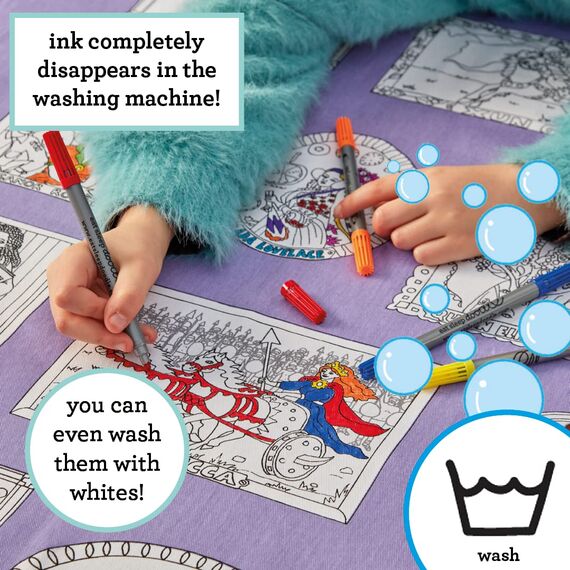eatsleepdoodle Heldinnen der Geschickte-Tischdecke zum Ausmalen, spielerisches Lernen, waschbar und wiederverwendbar, inkl. 10 auswaschbare Stifte, 130x85cm, 100% Baumwolle