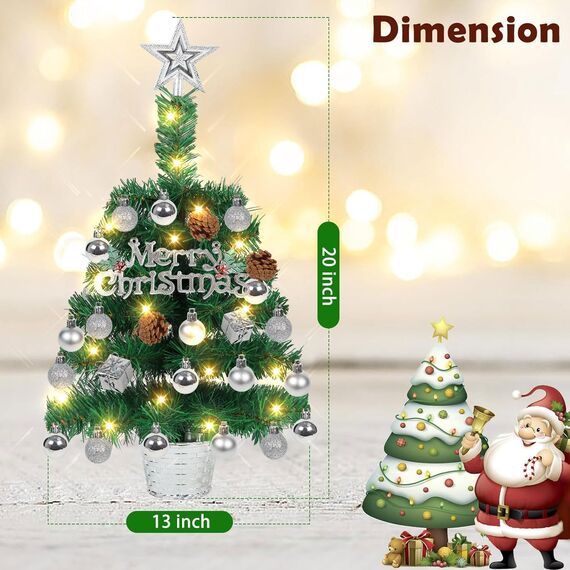 Mini Weihnachtsbaum Illuminated mit Schnee 50cm Tabletop Künstliche Weihnachtskiefer Baum & Beleuchtung & Weihnachtsball für Weihnachten, Schule, Zuhause, Esstisch Dekor (Alles in einem Set)