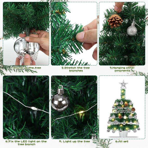 Mini Weihnachtsbaum Illuminated mit Schnee 50cm Tabletop Künstliche Weihnachtskiefer Baum & Beleuchtung & Weihnachtsball für Weihnachten, Schule, Zuhause, Esstisch Dekor (Alles in einem Set)
