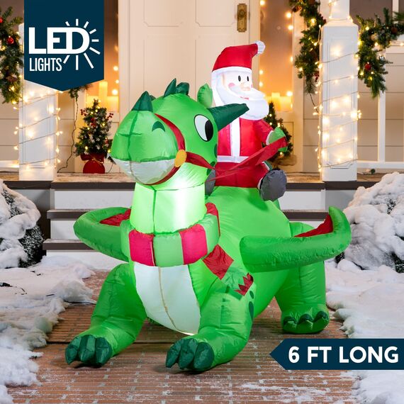 Joiedomi 6 FT Christmas Inflatable Dinosaur with Build-in LEDs, Blow Up Dinosaur with Santa for Christmas Inflatable Outdoor Decoration Xmas Party Decoration (Reiten auf dem grünen Drachen)