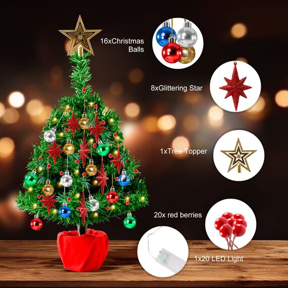 20 Zoll Tabletop Weihnachtsbaum Illuminated Mini Künstlicher Weihnachtsbaum mit 20 LED-Leuchten & Mini Ornament für Table Top Christmas Holiday Party Home Decor