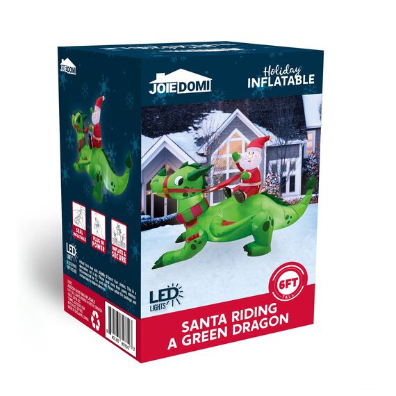 Joiedomi 6 FT Christmas Inflatable Dinosaur with Build-in LEDs, Blow Up Dinosaur with Santa for Christmas Inflatable Outdoor Decoration Xmas Party Decoration (Reiten auf dem grünen Drachen)