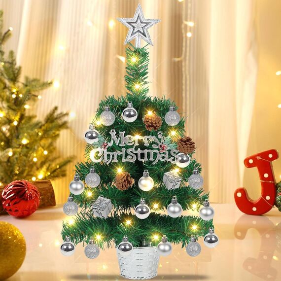 Mini Weihnachtsbaum Illuminated mit Schnee 50cm Tabletop Künstliche Weihnachtskiefer Baum & Beleuchtung & Weihnachtsball für Weihnachten, Schule, Zuhause, Esstisch Dekor (Alles in einem Set)
