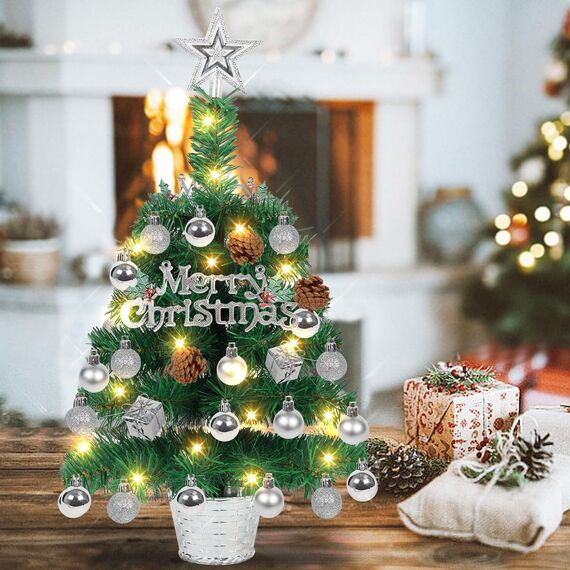 Mini Weihnachtsbaum Illuminated mit Schnee 50cm Tabletop Künstliche Weihnachtskiefer Baum & Beleuchtung & Weihnachtsball für Weihnachten, Schule, Zuhause, Esstisch Dekor (Alles in einem Set)