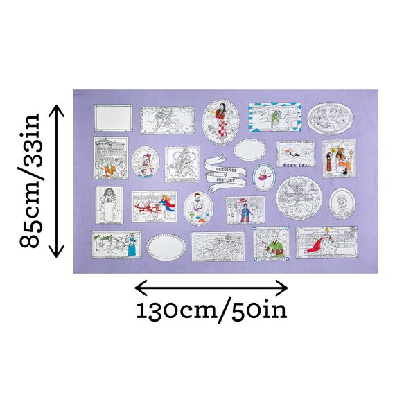eatsleepdoodle Heldinnen der Geschickte-Tischdecke zum Ausmalen, spielerisches Lernen, waschbar und wiederverwendbar, inkl. 10 auswaschbare Stifte, 130x85cm, 100% Baumwolle