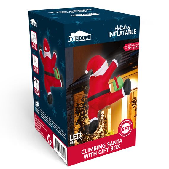 Joiedomi 6 Fuß hoher aufblasbarer Kletter-Weihnachtsmann mit Geschenkbox, aufblasbarer hängender Weihnachtsmann mit integrierter LED für Weihnachtsfeier, Outdoor, Hof, Garten, Rasendekoration