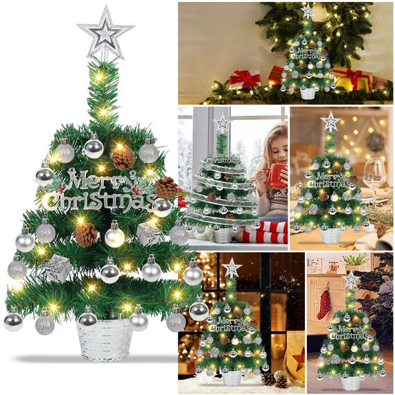 Mini Weihnachtsbaum Illuminated mit Schnee 50cm Tabletop Künstliche Weihnachtskiefer Baum & Beleuchtung & Weihnachtsball für Weihnachten, Schule, Zuhause, Esstisch Dekor (Alles in einem Set)