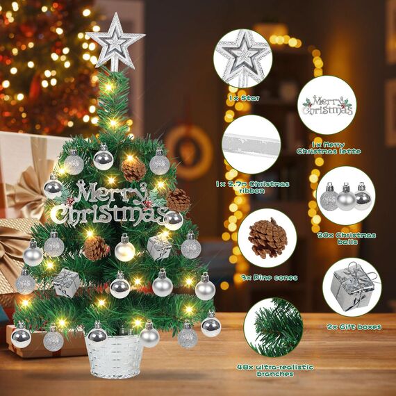 Mini Weihnachtsbaum Illuminated mit Schnee 50cm Tabletop Künstliche Weihnachtskiefer Baum & Beleuchtung & Weihnachtsball für Weihnachten, Schule, Zuhause, Esstisch Dekor (Alles in einem Set)