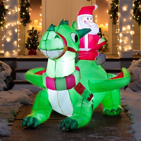 Joiedomi 6 FT Christmas Inflatable Dinosaur with Build-in LEDs, Blow Up Dinosaur with Santa for Christmas Inflatable Outdoor Decoration Xmas Party Decoration (Reiten auf dem grünen Drachen)