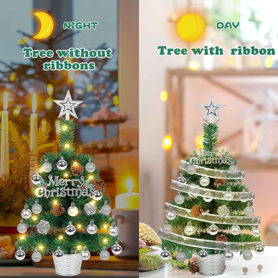 Mini Weihnachtsbaum Illuminated mit Schnee 50cm Tabletop Künstliche Weihnachtskiefer Baum & Beleuchtung & Weihnachtsball für Weihnachten, Schule, Zuhause, Esstisch Dekor (Alles in einem Set)