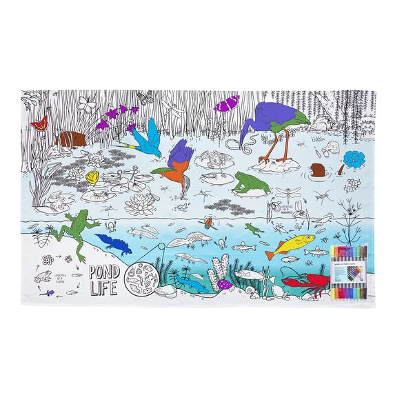 eatsleepdoodle Teichbewohner-Tischdecke zum Ausmalen, spielerisches Lernen, waschbar und wiederverwendbar, inkl. 10 auswaschbare Stifte, 130x85cm, 100% Baumwolle