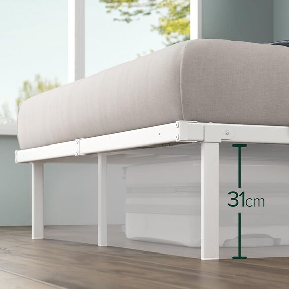 Zinus Caleb Bett 140x200 cm - Höhe 36 cm mit Stauraum unter dem Bett - Metall-Plattformbettrahmen - Klappbarer Bettrahmen - Weiß