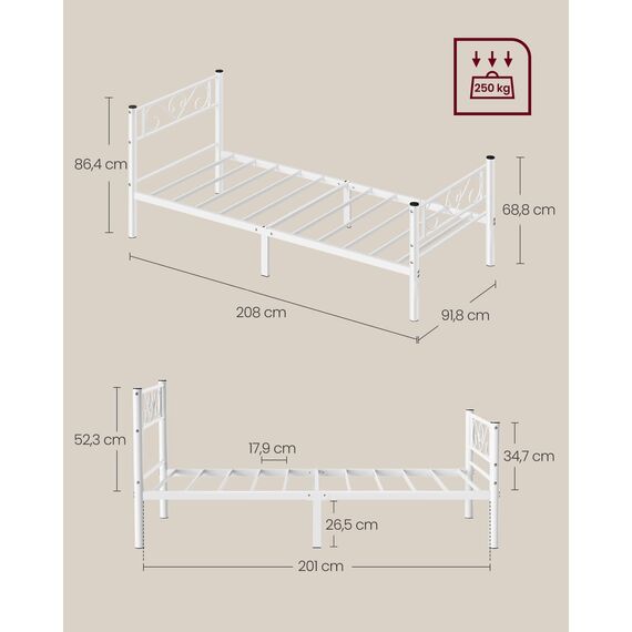 VASAGLE Bett 90 x 200 cm, Gästebett, Einzelbett aus Metall, Bettgestell, Bettrahmen, Metallbett, einfache Montage, mattweiß RMB062W01