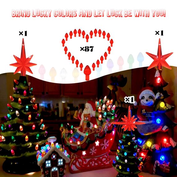 KonohaELF Keramik-Weihnachtsbaum-Ersatz-Leuchtmittel, rot, mittlere Drehung, Kunststoffklammern, Ornamente für Keramikbaum (87 Glühbirnen und 3 Topper-Stern)