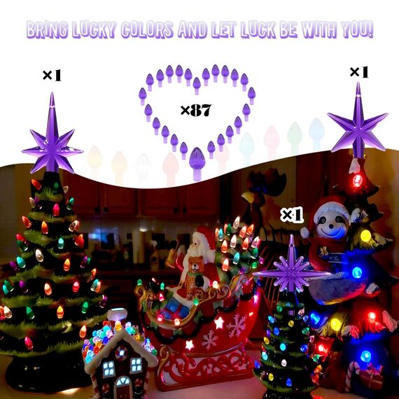 KonohaELF Keramik-Weihnachtsbaum-Ersatz-Leuchtmittel, violett, mittlere Drehung, Kunststoffklammern, Ornamente für Keramikbaum (87 Glühbirnen und 3 Topper-Stern)