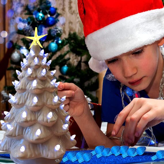 KonohaELF Keramik-Weihnachtsbaum-Ersatzlampen, klein, blau, mittelgroß, gedreht, Kunststoffheringe, Ornamente für Keramikbaum (87 Glühbirnen und 3 Sternspitzen)
