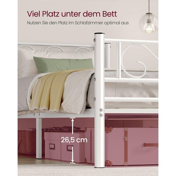 VASAGLE Bett 90 x 200 cm, Gästebett, Einzelbett aus Metall, Bettgestell, Bettrahmen, Metallbett, einfache Montage, mattweiß RMB062W01