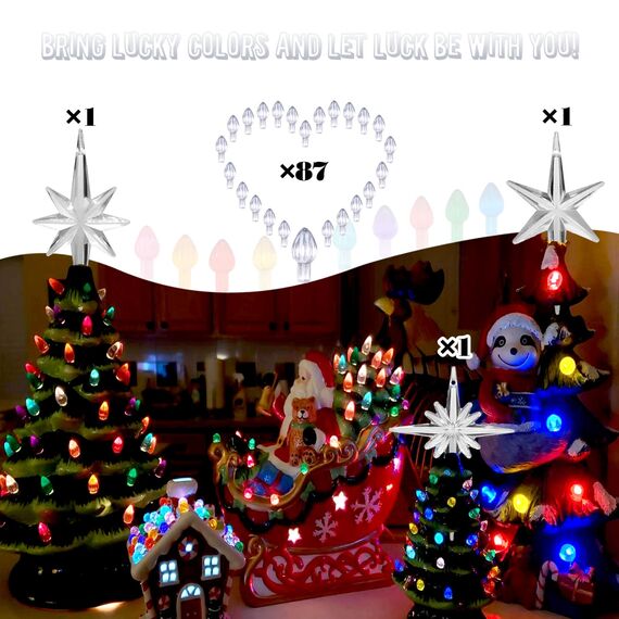 KonohaELF Keramik-Weihnachtsbaum-Ersatzlampen, transparent, weiß, mittlere Drehung, Kunststoffklammern, Ornamente für Keramikbaum (87 Glühbirnen und 3 Sternspitzen)