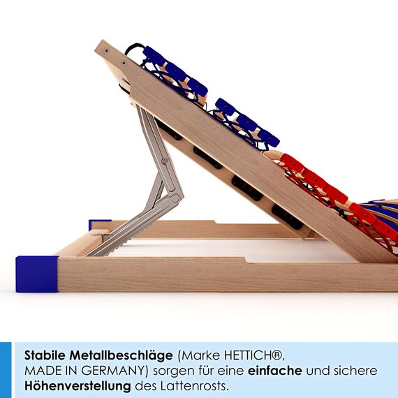 Stabiler Lattenrost 100% BUCHE Lattenrahmen - Kopfteil verstellbar - SCHULTERFRÄSUNG, 7 Zonen, 42 Federleisten, Härte-Regulierung, Mittelgurt - Vario Sleep Best 42® unmontiert (100x190cm)