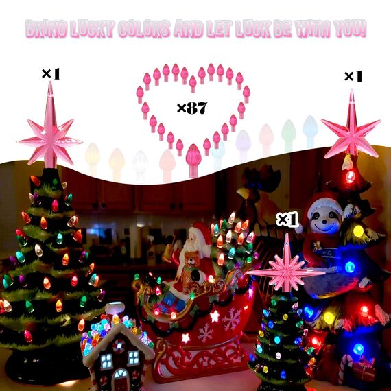 KonohaELF Keramik-Weihnachtsbaum-Ersatz-Leuchtmittel, mittelgroß, gedrehte Kunststoffklammern, Ornamente für Keramikbaum (87 Glühbirnen und 3 Sternspitzen)