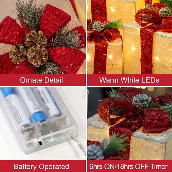 The Christmas Workshop 70749 3er Set beleuchtete Weihnachtsboxen mit roter Schleife/Innen Weihnachtsdeko / 65 warmweiße LED Lichter/batteriebetrieben/Timer-Funktion