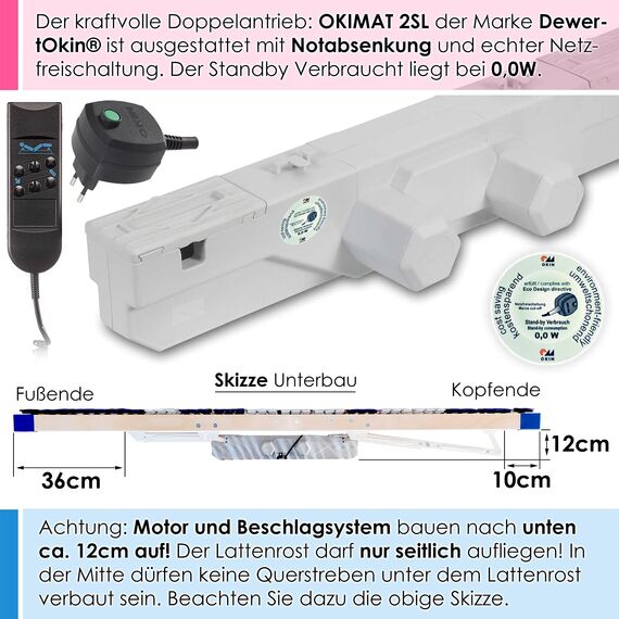 elektrischer Lattenrost 100% BUCHE - Kopf- u. Fußteil elektrisch verstellbar - SCHULTERFRÄSUNG, 7 Zonen, 44 Federleisten, Härteregulierung, Mittelgurt - Motor Comfort 44® - fertig montiert (70x210)