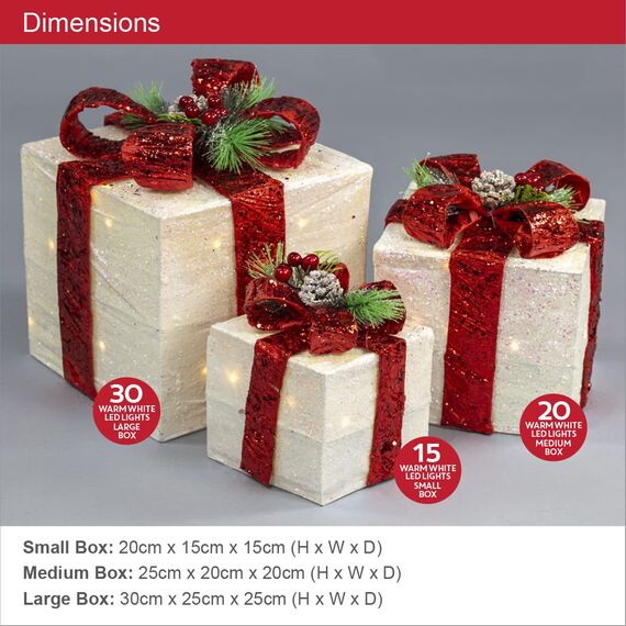 The Christmas Workshop 70749 3er Set beleuchtete Weihnachtsboxen mit roter Schleife/Innen Weihnachtsdeko / 65 warmweiße LED Lichter/batteriebetrieben/Timer-Funktion