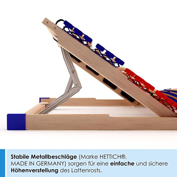 stabiler Lattenrost 100% BUCHE - Kopf- und Fußteil verstellbar - SCHULTERFRÄSUNG, 7 Zonen, 42 Federleisten, Härteregulierung, Mittelgurt - VARIO PLUS SLEEP BEST 42® unmontiert (130x190cm)