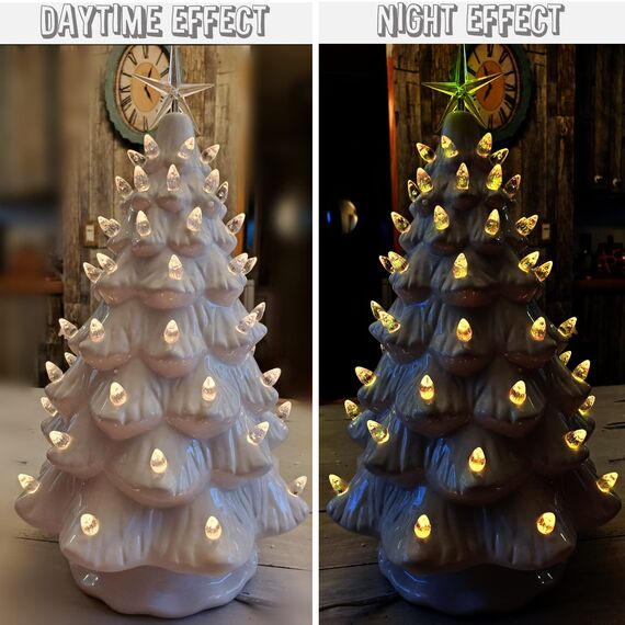 KonohaELF Keramik-Weihnachtsbaum-Ersatzlampen, transparent, weiß, mittlere Drehung, Kunststoffklammern, Ornamente für Keramikbaum (87 Glühbirnen und 3 Sternspitzen)