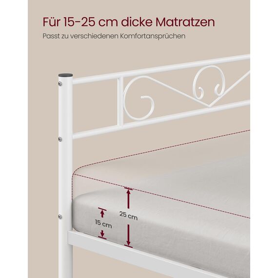 VASAGLE Bett 90 x 200 cm, Gästebett, Einzelbett aus Metall, Bettgestell, Bettrahmen, Metallbett, einfache Montage, mattweiß RMB062W01