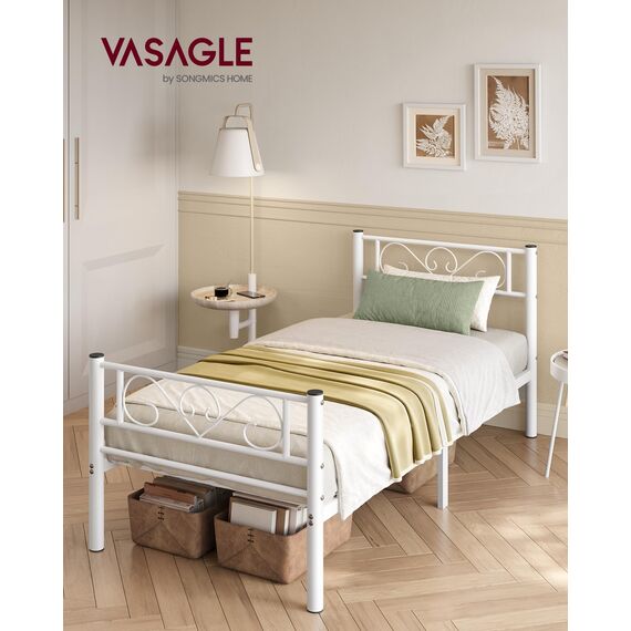 VASAGLE Bett 90 x 200 cm, Gästebett, Einzelbett aus Metall, Bettgestell, Bettrahmen, Metallbett, einfache Montage, mattweiß RMB062W01