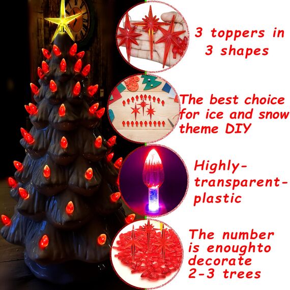 KonohaELF Keramik-Weihnachtsbaum-Ersatz-Leuchtmittel, rot, mittlere Drehung, Kunststoffklammern, Ornamente für Keramikbaum (87 Glühbirnen und 3 Topper-Stern)