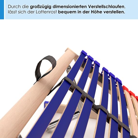 stabiler Lattenrost 100% BUCHE - Kopf- und Fußteil verstellbar - SCHULTERFRÄSUNG, 7 Zonen, 42 Federleisten, Härteregulierung, Mittelgurt - VARIO PLUS SLEEP BEST 42® unmontiert (130x190cm)