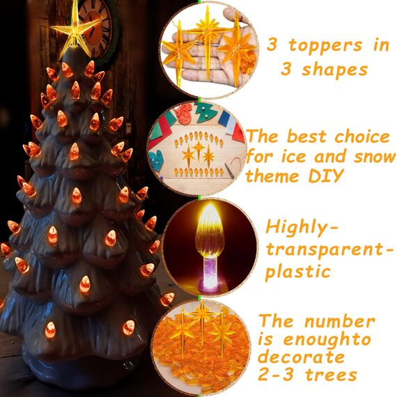 KonohaELF Keramik-Weihnachtsbaum-Ersatz-Leuchtmittel, mittelgroß, gedreht, Kunststoffklammern, Ornamente für Keramikbaum (87 Glühbirnen und 3 Sternspitzen)