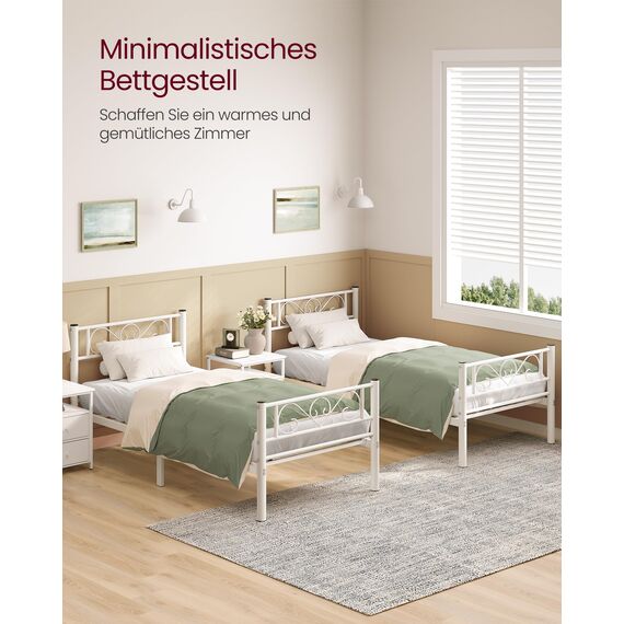 VASAGLE Bett 90 x 200 cm, Gästebett, Einzelbett aus Metall, Bettgestell, Bettrahmen, Metallbett, einfache Montage, mattweiß RMB062W01