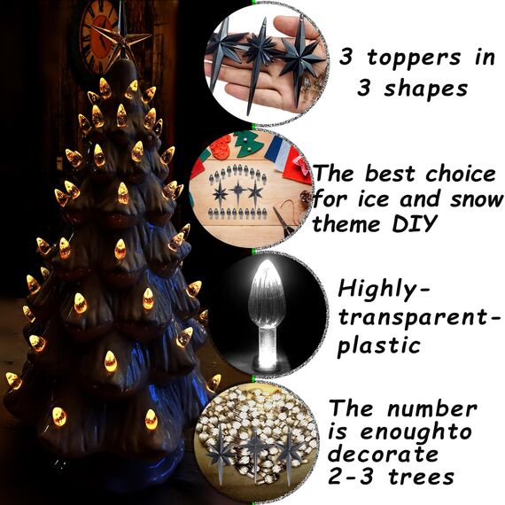 KonohaELF Keramik-Weihnachtsbaum-Ersatzlampen, schwarz-grau, mittlere Drehung, Kunststoffklammern, Ornamente für Keramikbaum (87 Glühbirnen und 3 Sternspitzen)