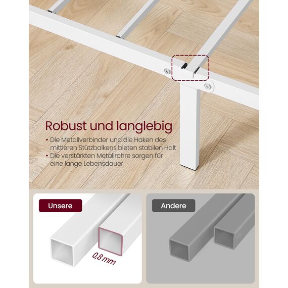 VASAGLE Bett 90 x 200 cm, Gästebett, Einzelbett aus Metall, Bettgestell, Bettrahmen, Metallbett, einfache Montage, mattweiß RMB062W01