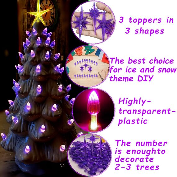 KonohaELF Keramik-Weihnachtsbaum-Ersatz-Leuchtmittel, violett, mittlere Drehung, Kunststoffklammern, Ornamente für Keramikbaum (87 Glühbirnen und 3 Topper-Stern)
