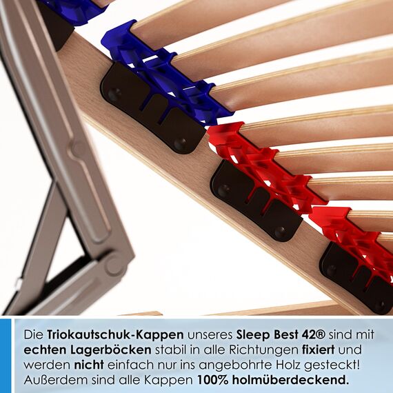 stabiler Lattenrost 100% BUCHE - Kopf- und Fußteil verstellbar - SCHULTERFRÄSUNG, 7 Zonen, 42 Federleisten, Härteregulierung, Mittelgurt - VARIO PLUS SLEEP BEST 42® unmontiert (80x200cm)
